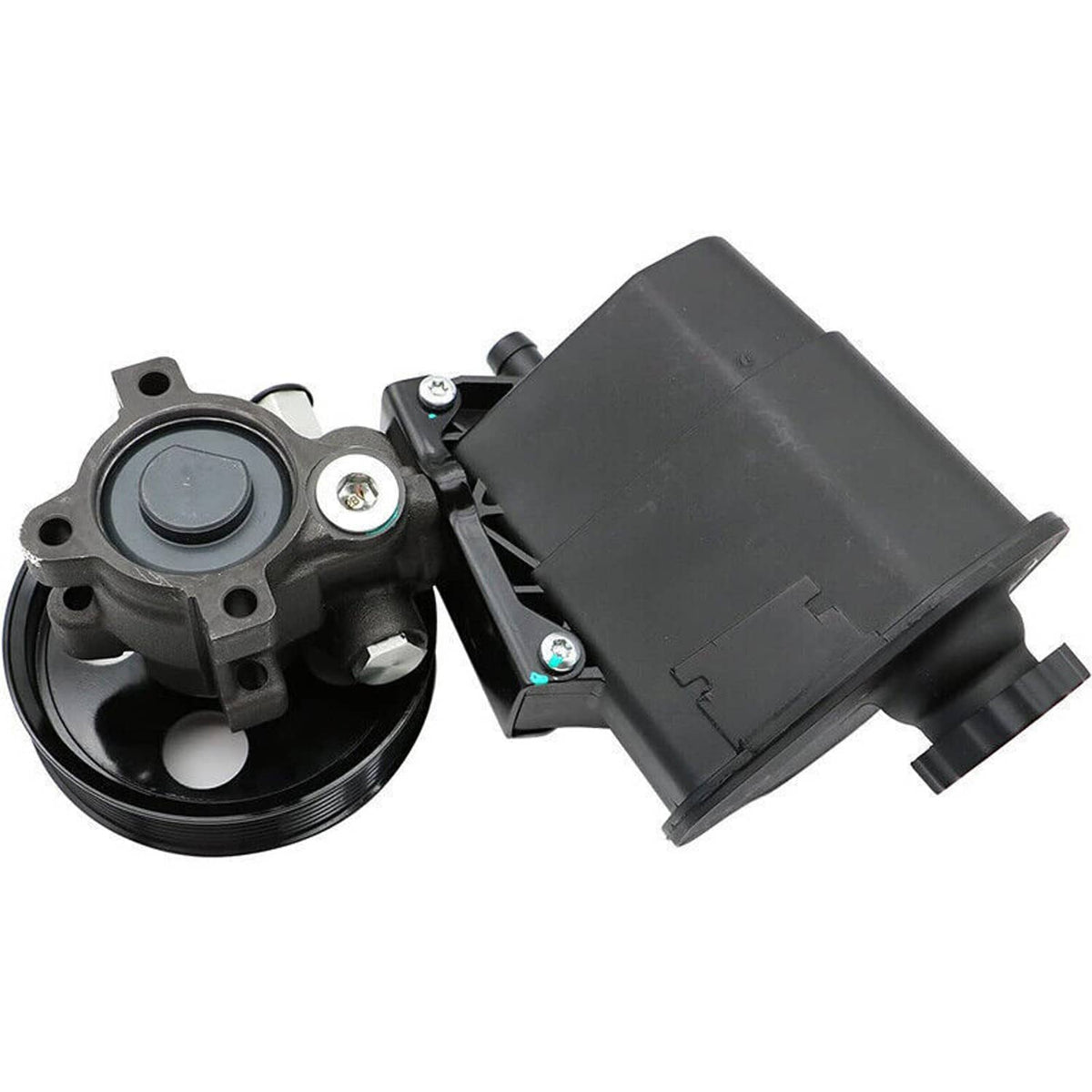 Power steering pump with reservoir and pulley, front assembly with black reservoir box and metal plate