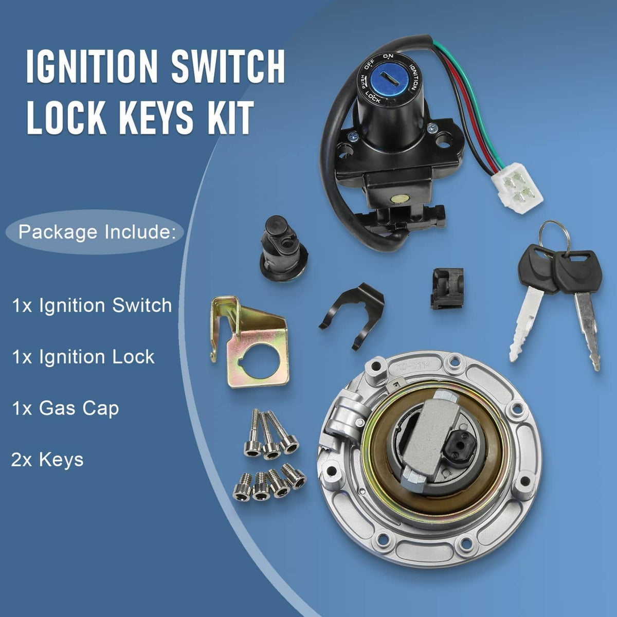Ignition switch, gas cap, and keys kit with matching lock parts on a flat layout