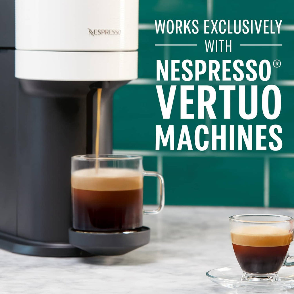 Nespresso Vertuo machine pouring coffee into a glass mug for Starbucks Sunsera Blend