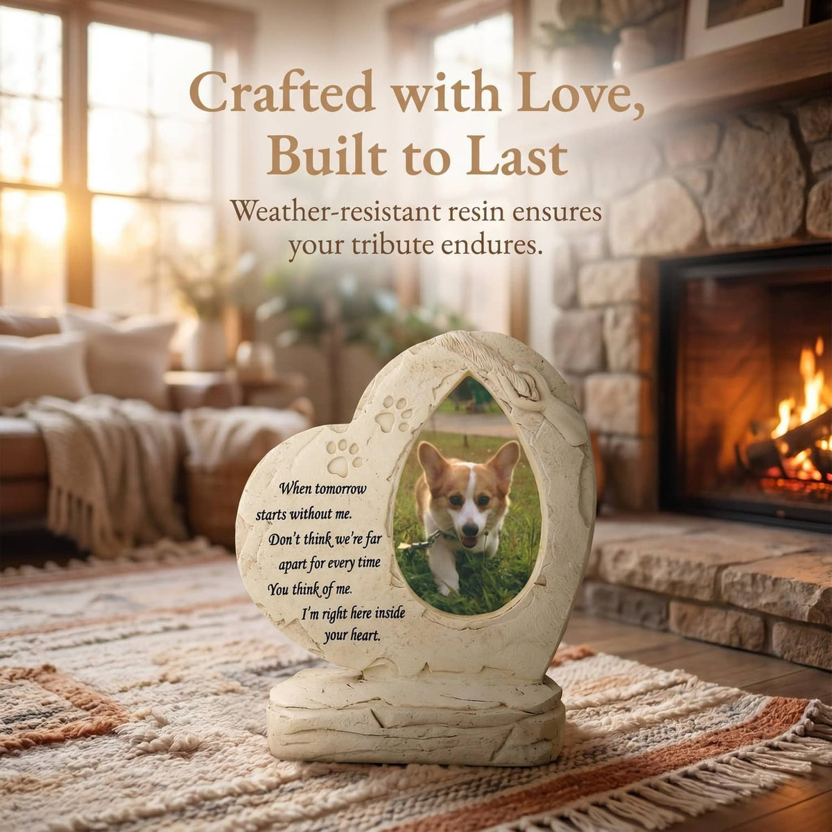 Heart-shaped dog memorial stone in white resin with oval photo frame and paw prints