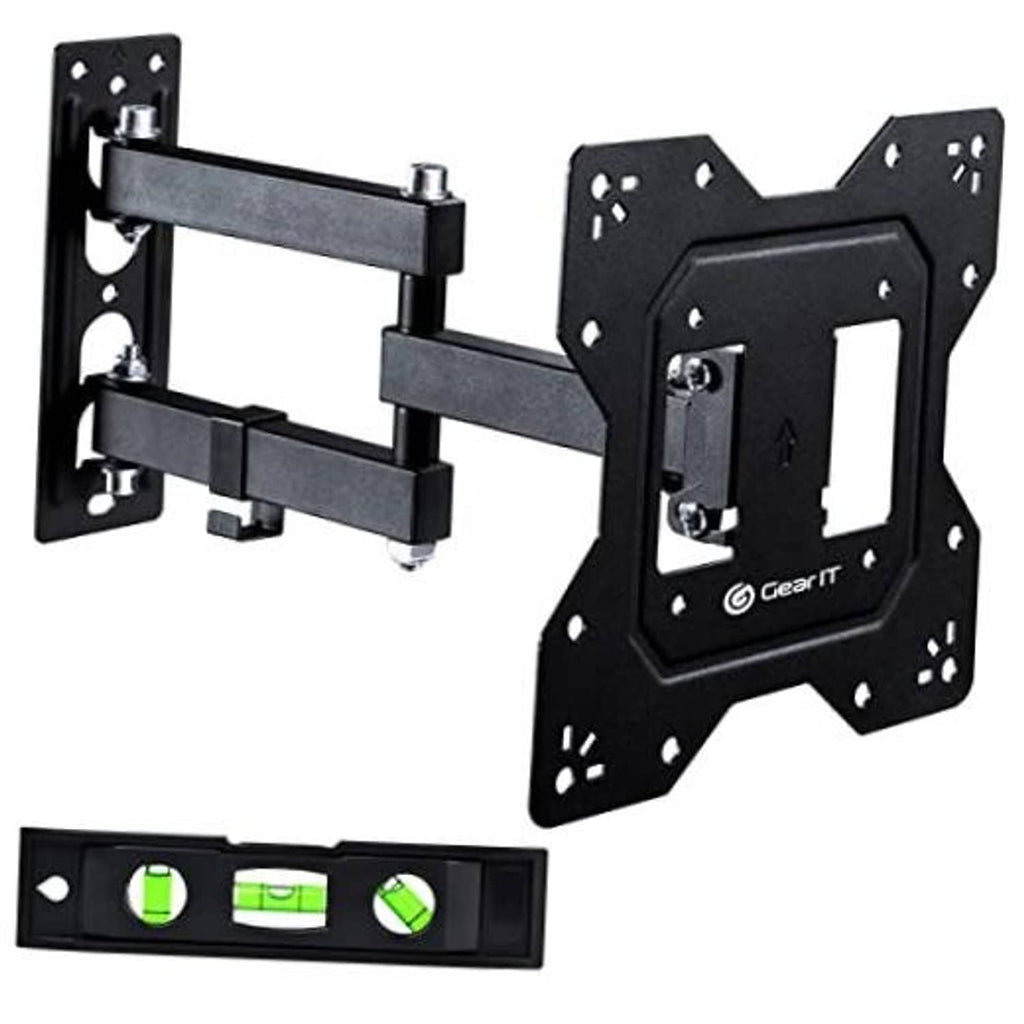 Full motion TV wall mount with black bracket, swivel arms, and VESA plate