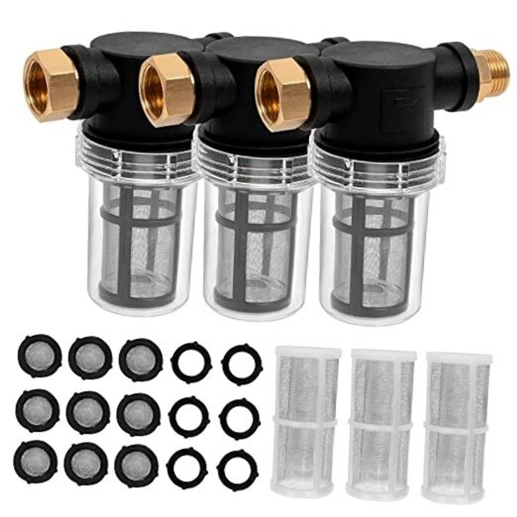 Three-pack pressure washer inlet water filter set with clear mesh cartridges and brass fittings.