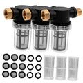 Three-pack pressure washer inlet water filter set with clear mesh cartridges and brass fittings.