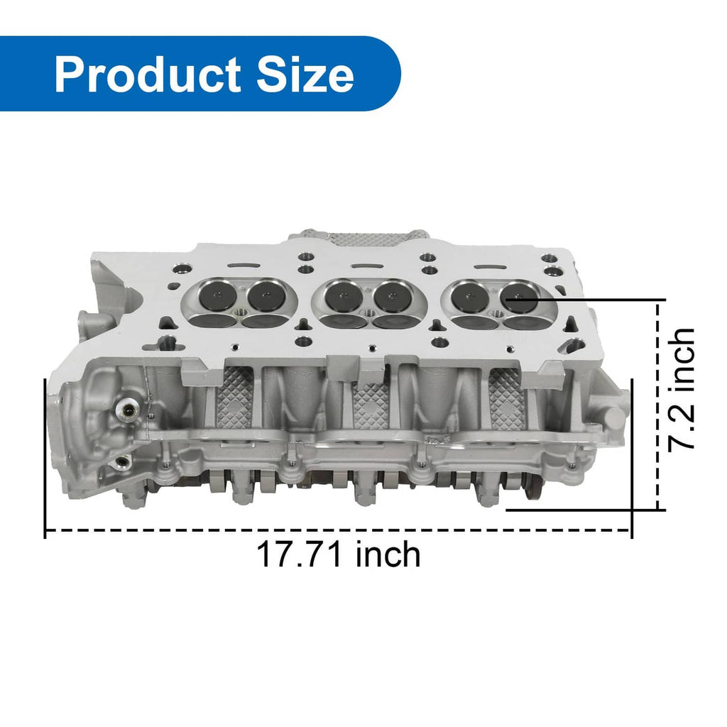Cylinder head assembly top view with camshaft journals and valve pockets, size diagram