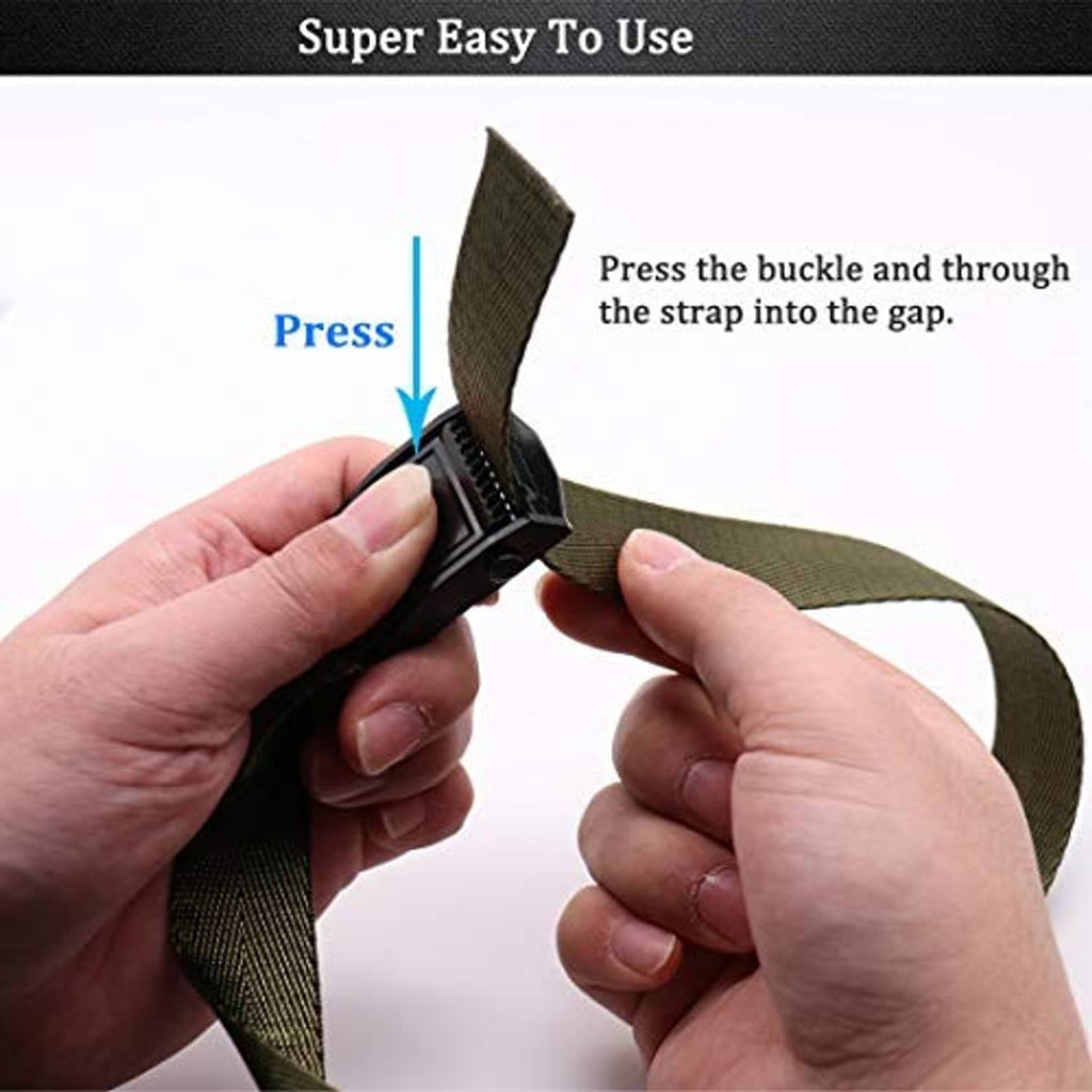 Hands fastening an olive strap through a black buckle for secure tree stand setup