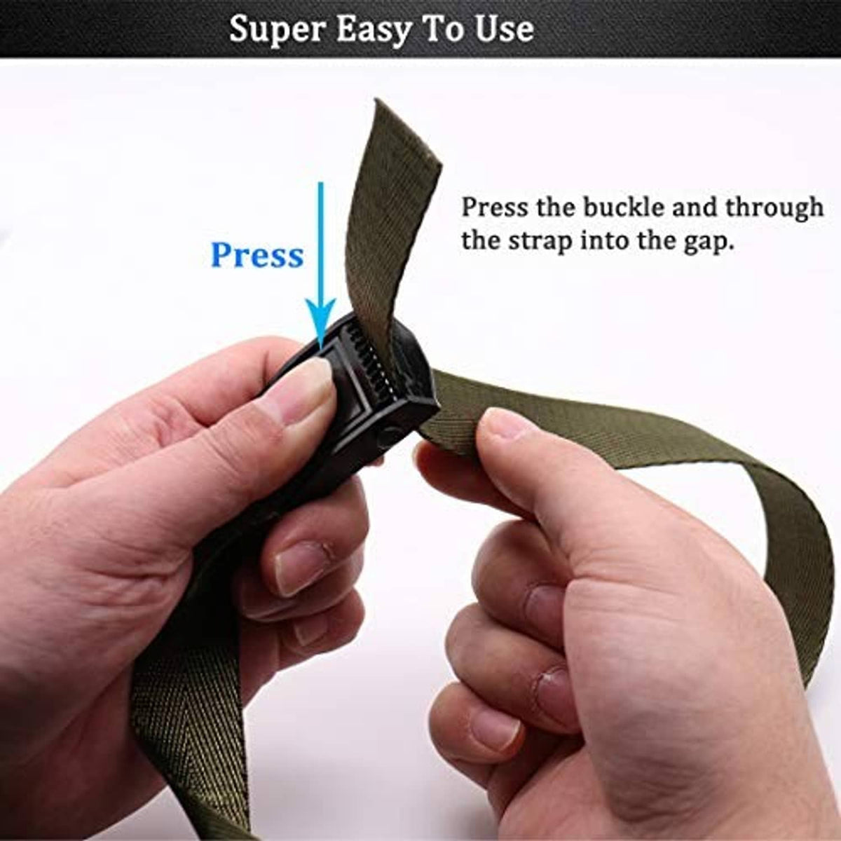 Hands fastening an olive strap through a black buckle for secure tree stand setup
