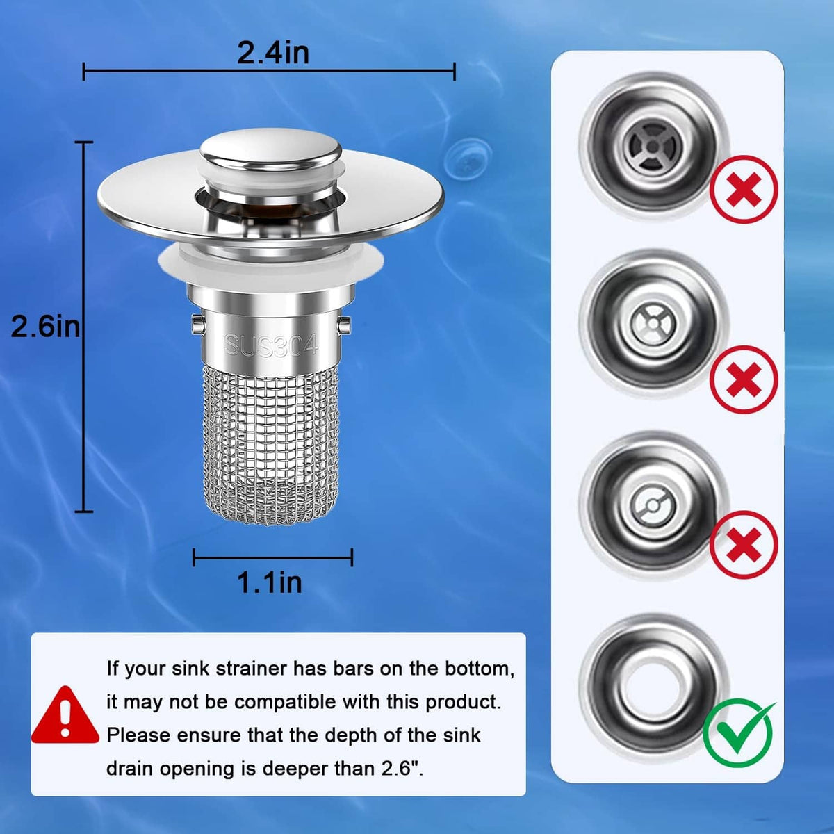 Bathroom sink drain strainer stopper with chrome pop-up cap and mesh basket with size guide