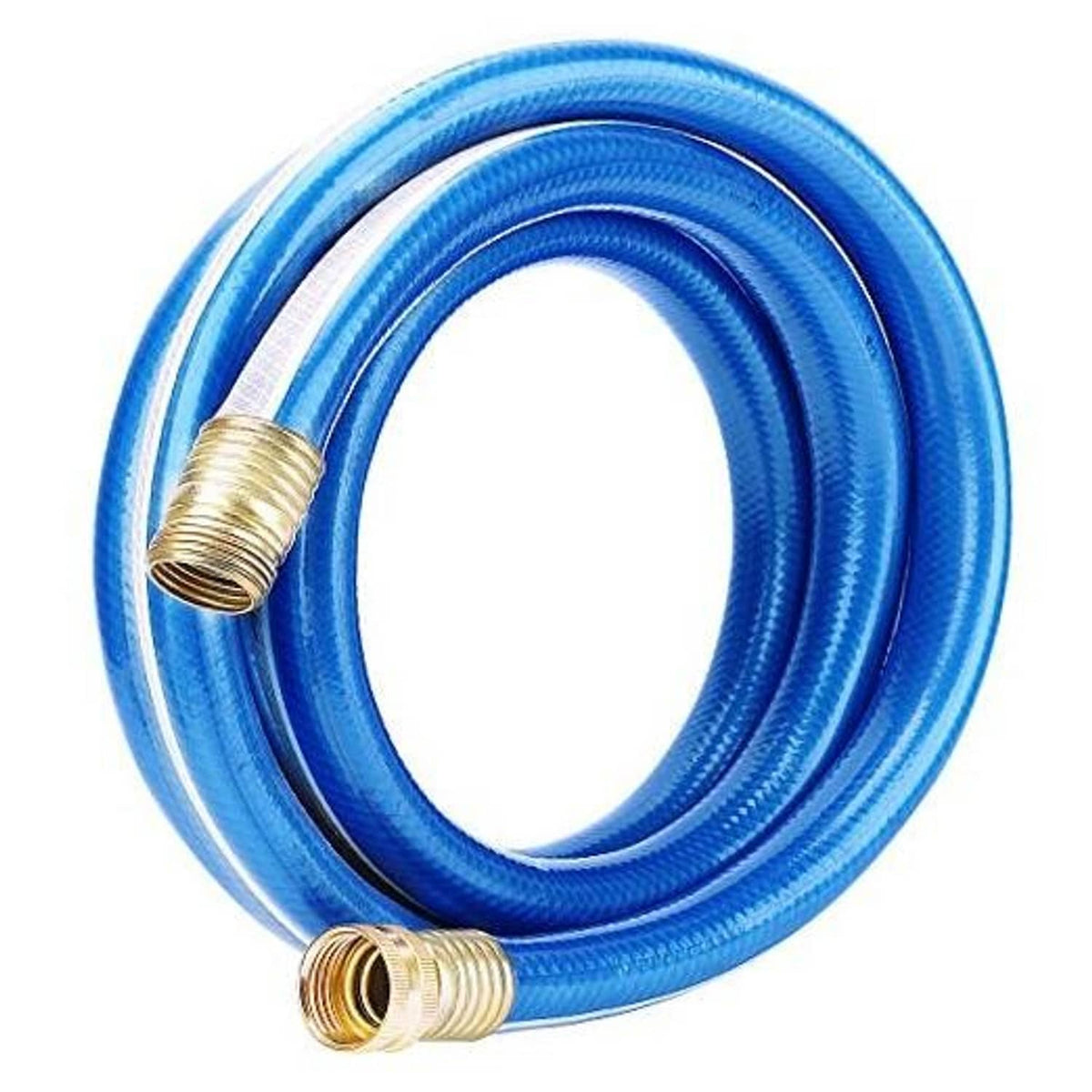 Coiled blue garden hose with brass connectors and threaded ends