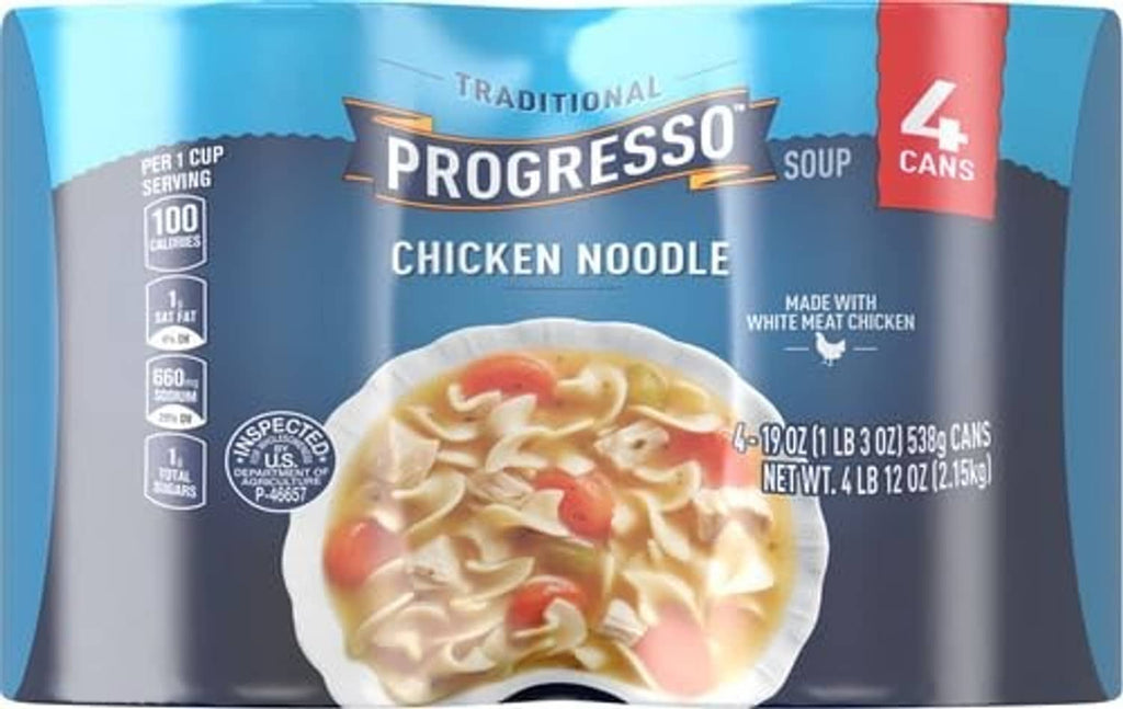Progresso chicken noodle soup can front with bowl graphic and 4-cans badge