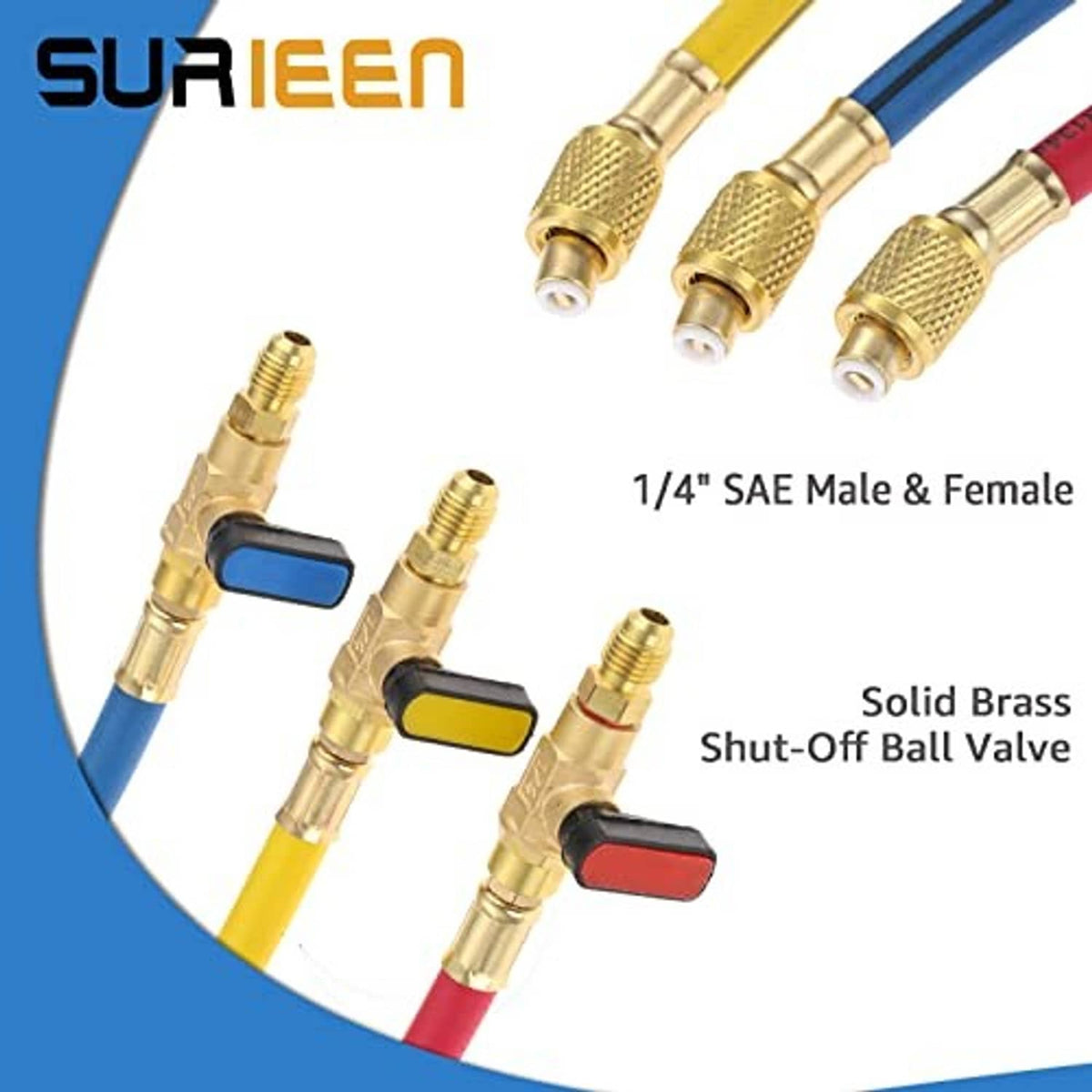 Brass shut-off ball valves on 1/4 in SAE hoses, male and female ends
