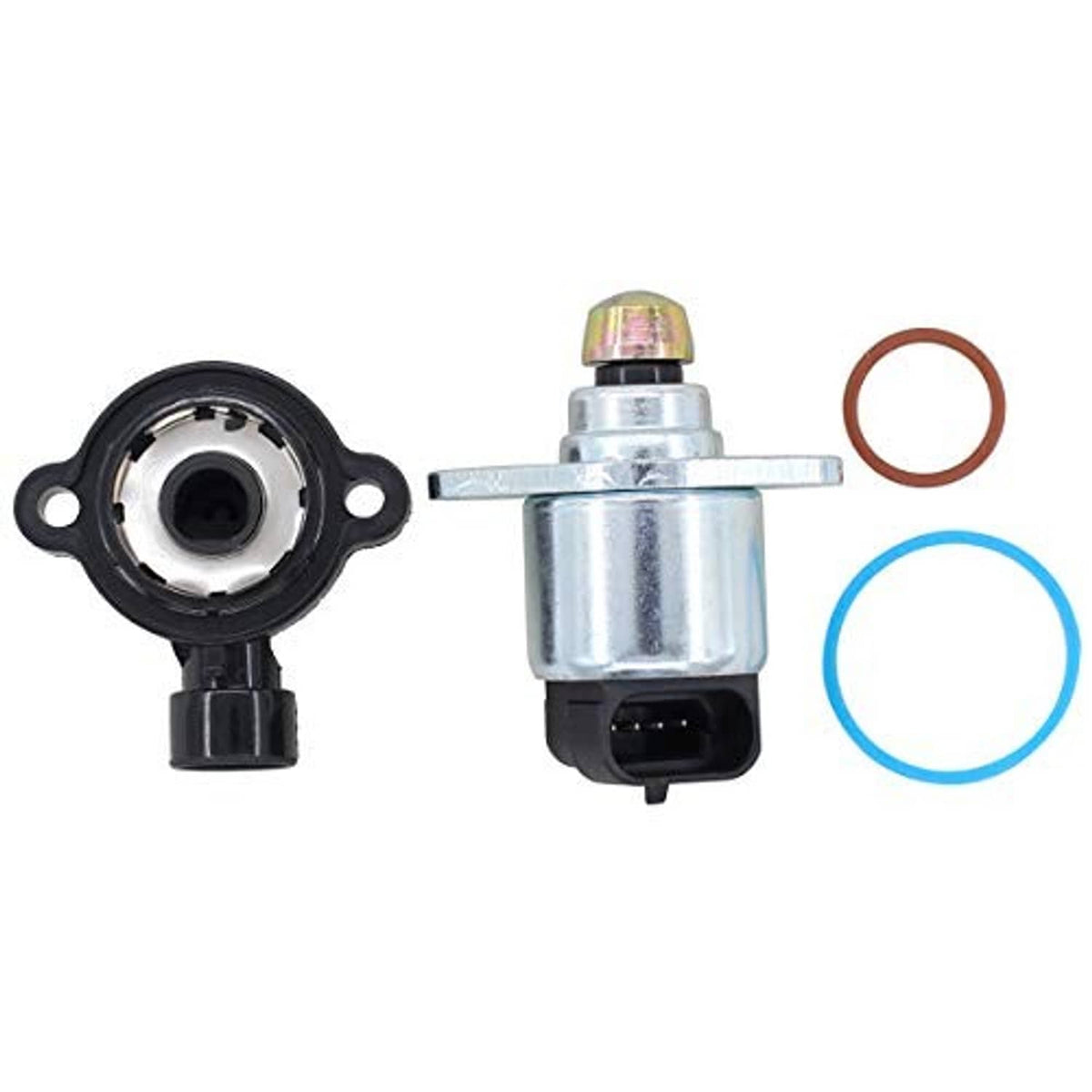 Throttle position sensor and IAC valve set showing silver unit, black plug, and O-ring