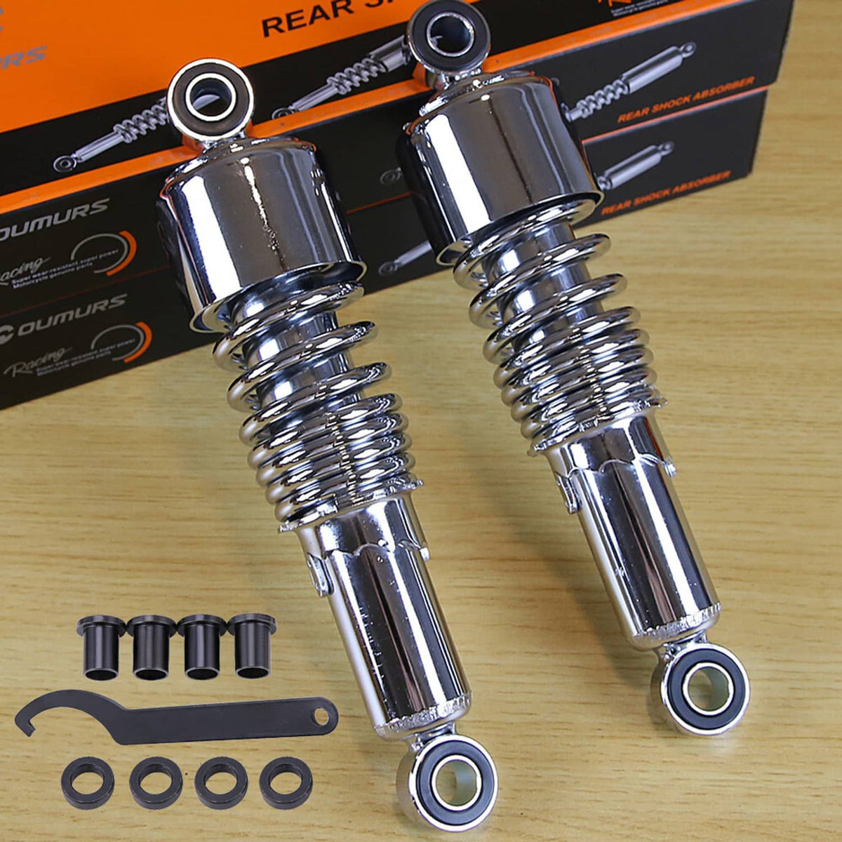 Chrome rear shock absorbers pair with coiled springs and mounting hardware