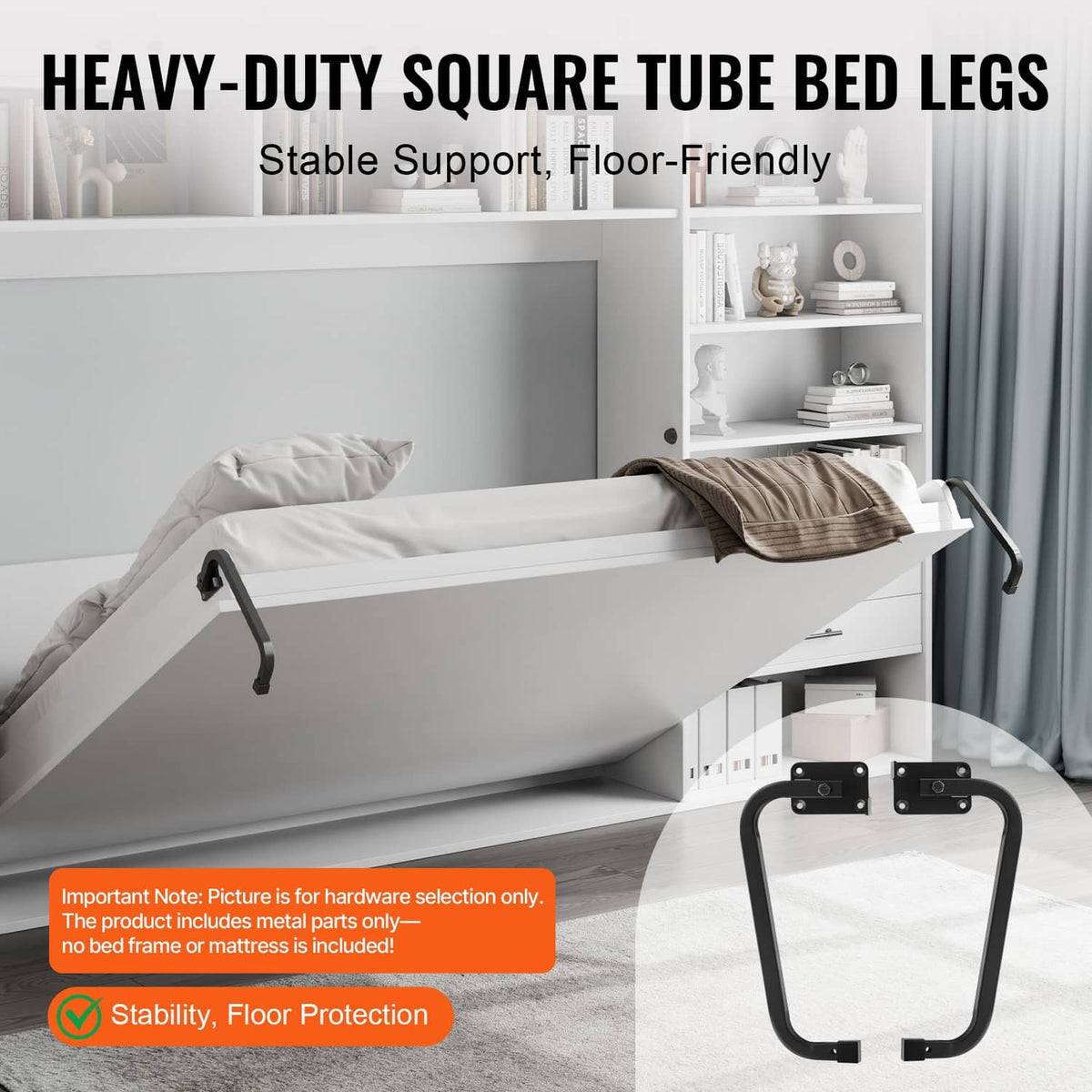 Murphy bed kit with heavy-duty square tube bed legs and lift support handle