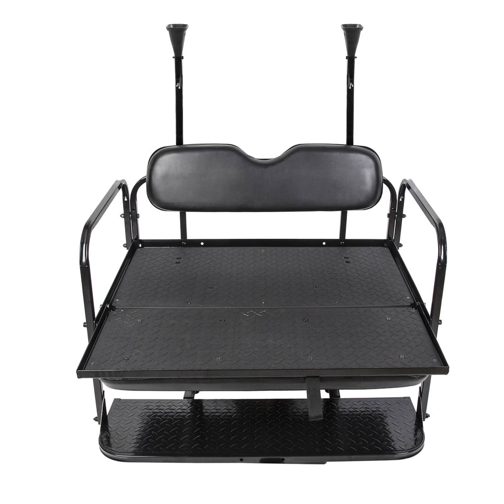 Black flip rear golf cart seat with wide padded backrest and front handle rails