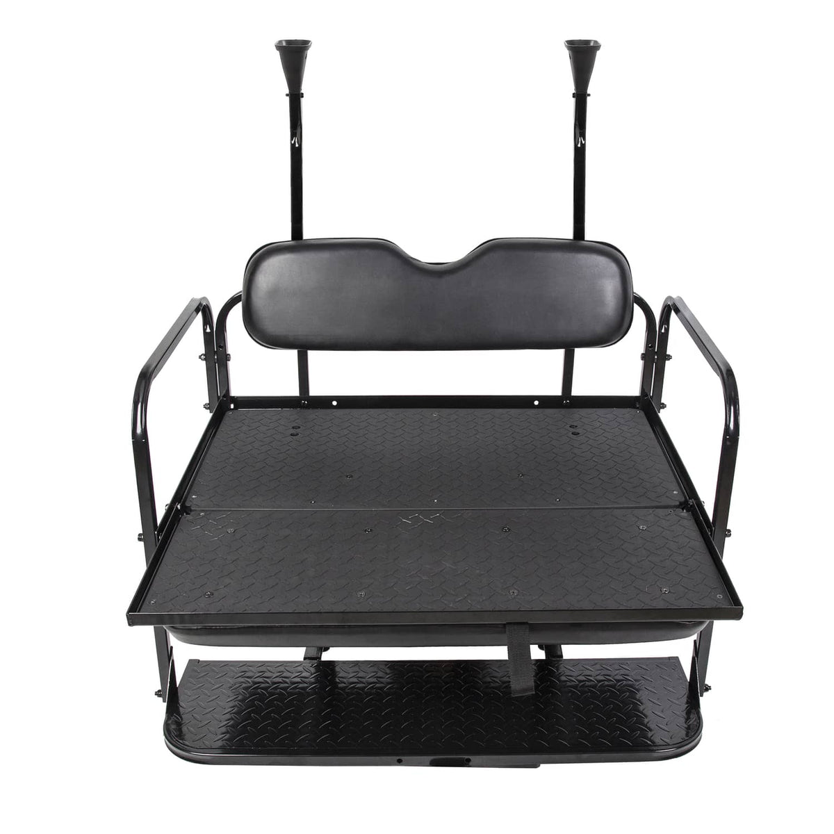 Black flip rear golf cart seat with wide padded backrest and front handle rails