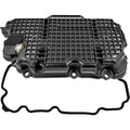 Engine oil pan with gasket, black plastic cover with bolt holes and oil sensor port