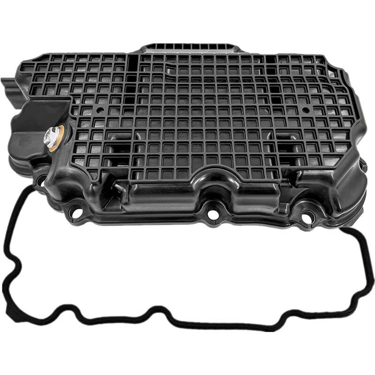 Engine oil pan with gasket, black plastic cover with bolt holes and oil sensor port