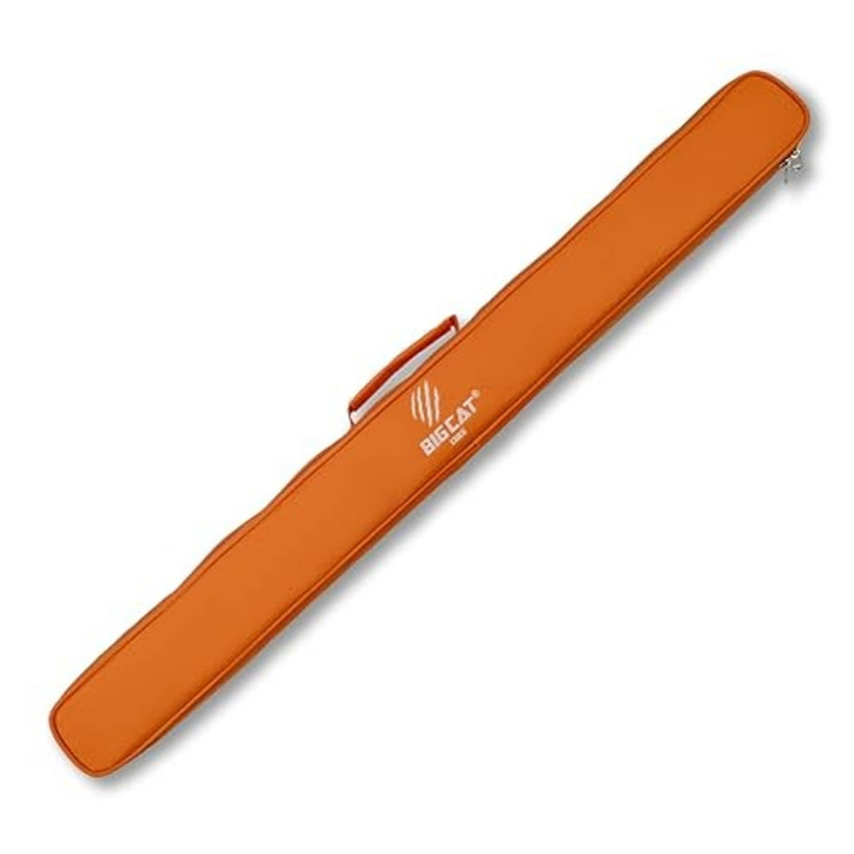 Orange cue case with BIGCAT CUES logo and zipper closure