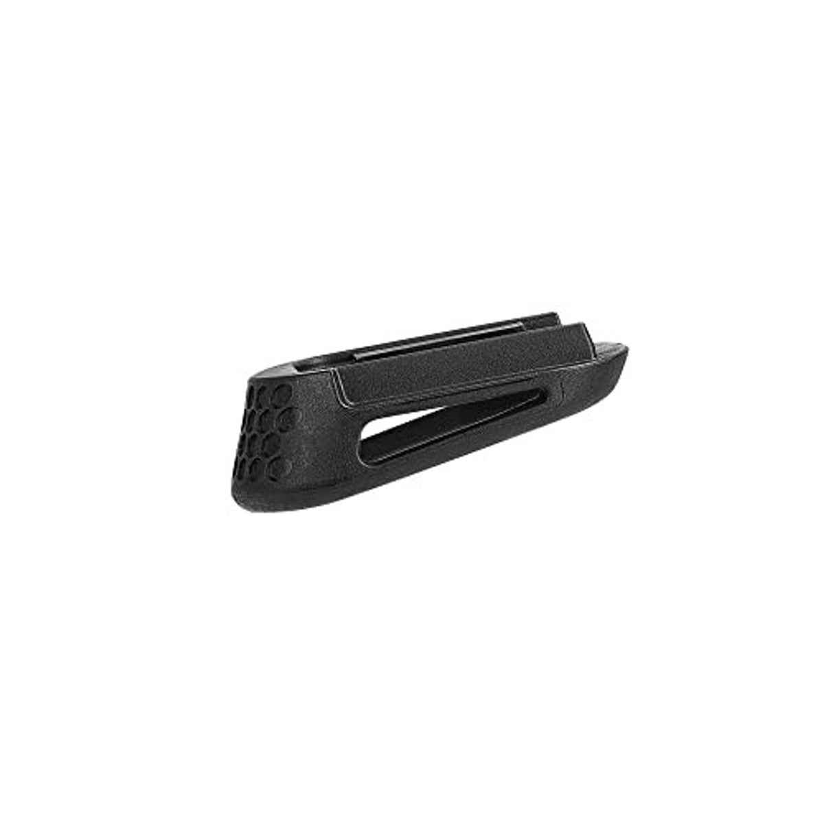 Side view of black textured pistol magazine extension grip piece with long slot