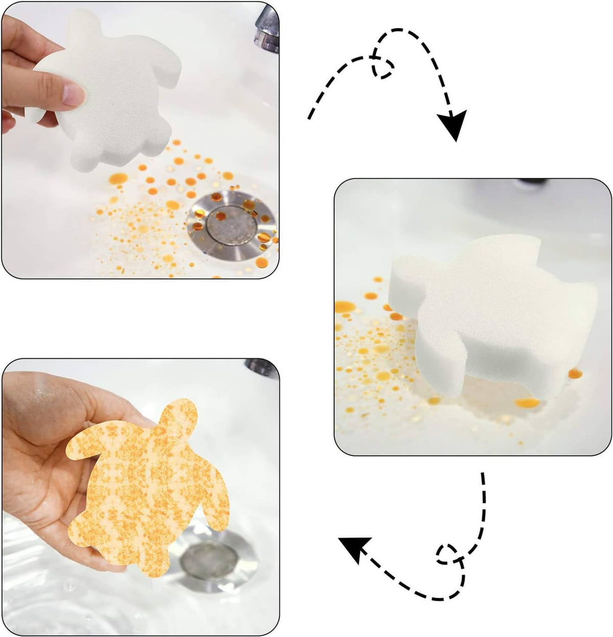 Turtle-shaped foam sponge removing orange debris from hot tub water