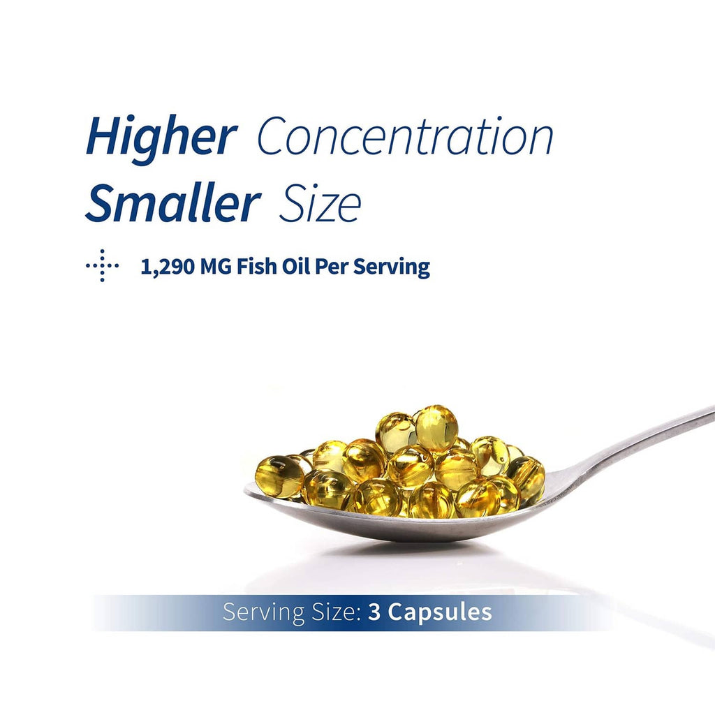 Spoonful of small golden fish oil capsules labeled 1,290 mg per serving