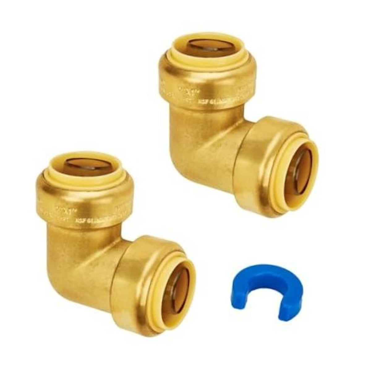 Brass 90-degree PEX push-fit elbow connector, two pack, with blue clips