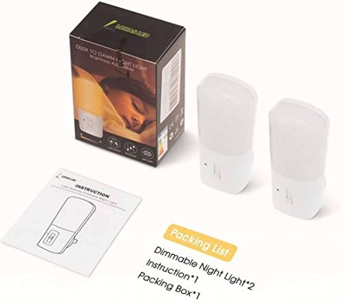 Two white plug-in dimmable LED night lights with retail box and instructions