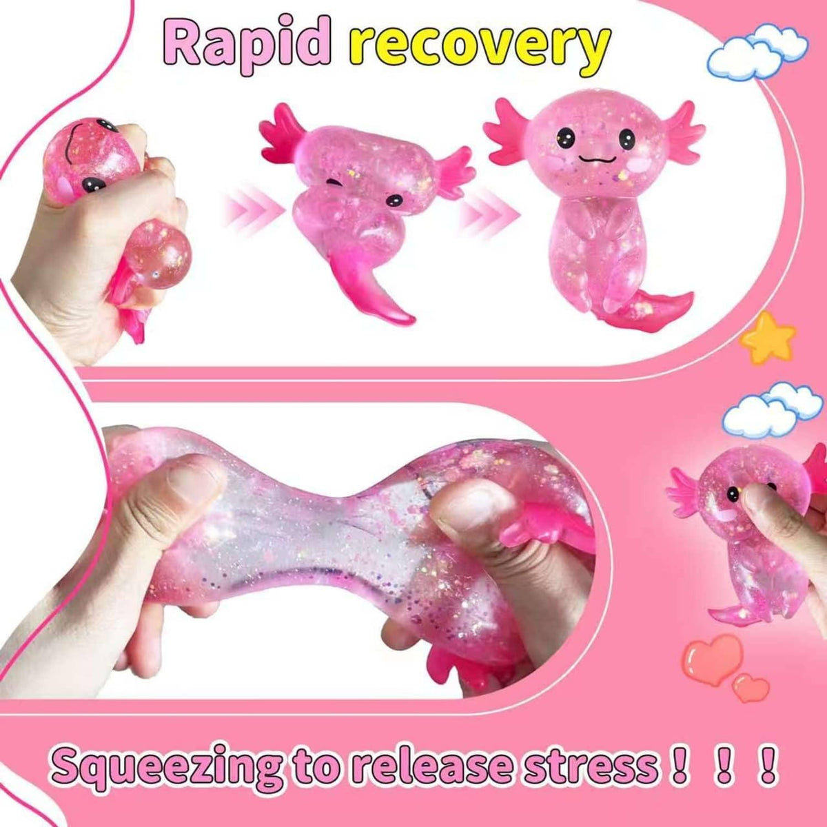 Pink glitter axolotl squish toy squished in hands, cute face and fins