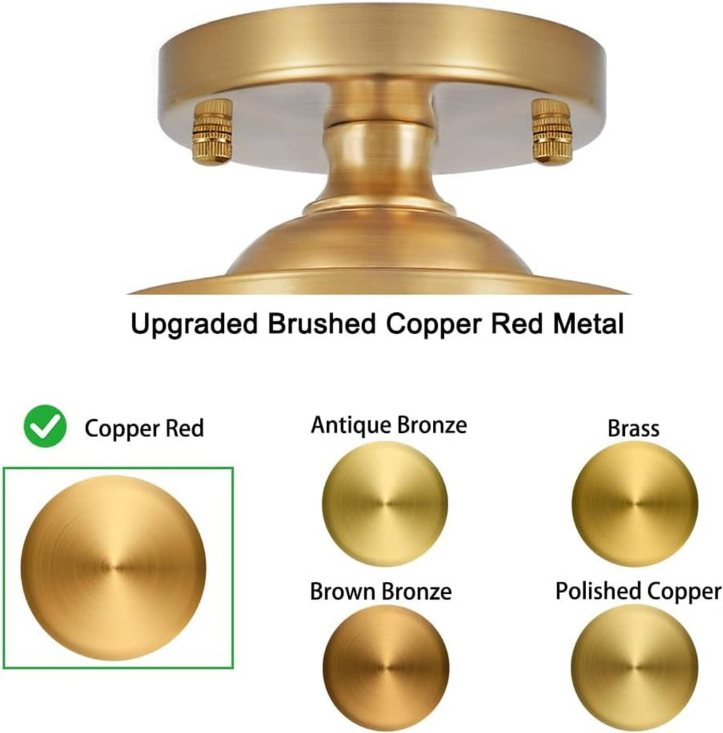 Gold semi-flush ceiling light with ornate glass shade and metal finish swatch circles