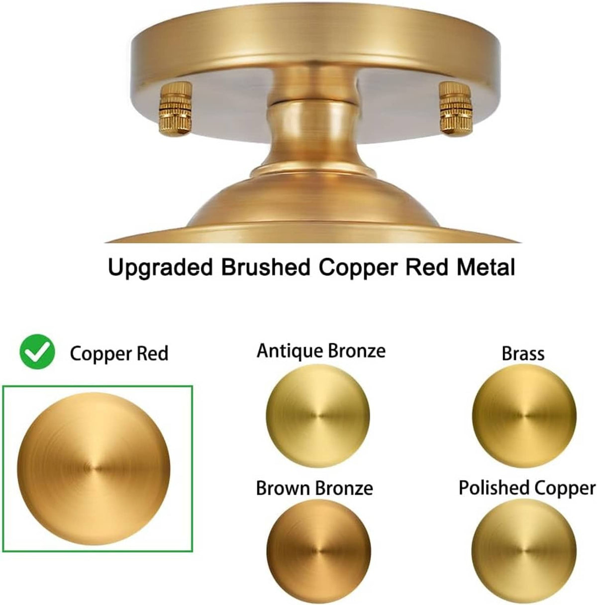 Gold semi-flush ceiling light with ornate glass shade and metal finish swatch circles