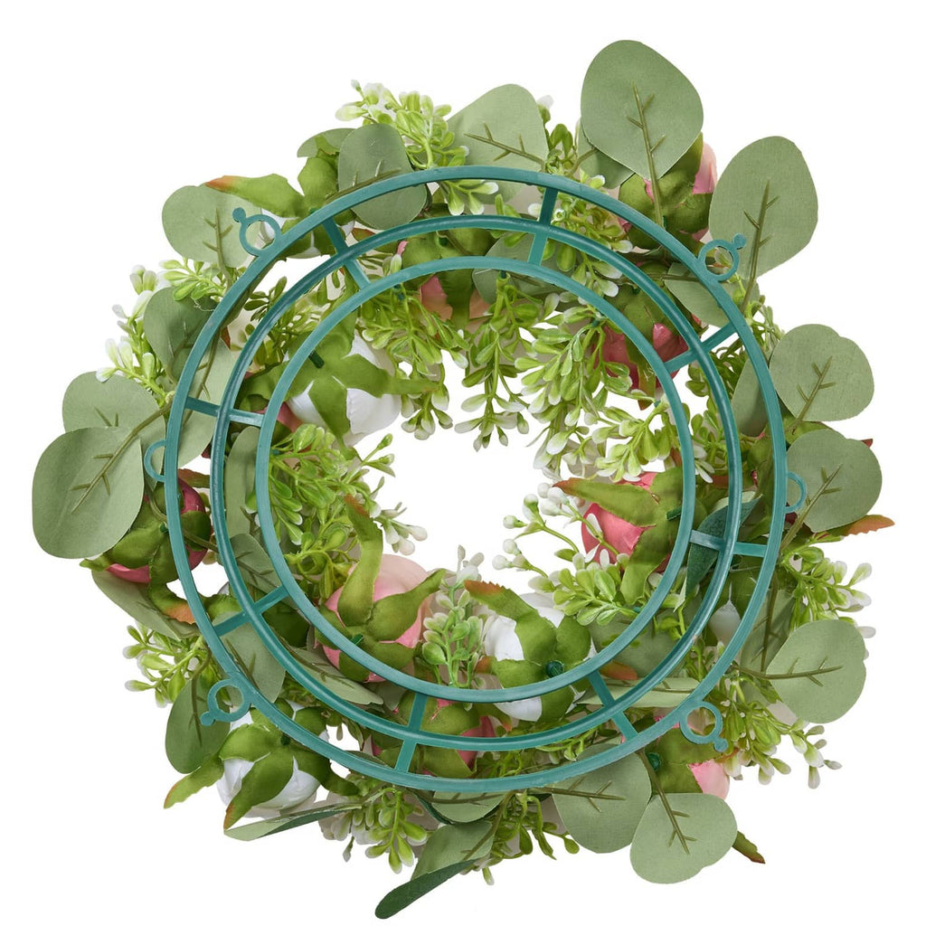 Artificial rose flower wreath ring with blue frame, faux green foliage and pink/white blooms