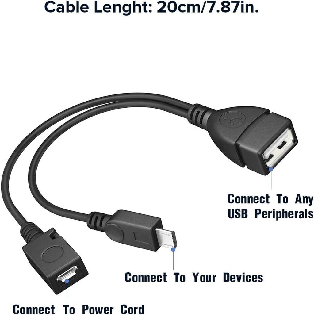 2-in-1 Micro USB OTG cable adapter close-up, micro USB to USB ports, black