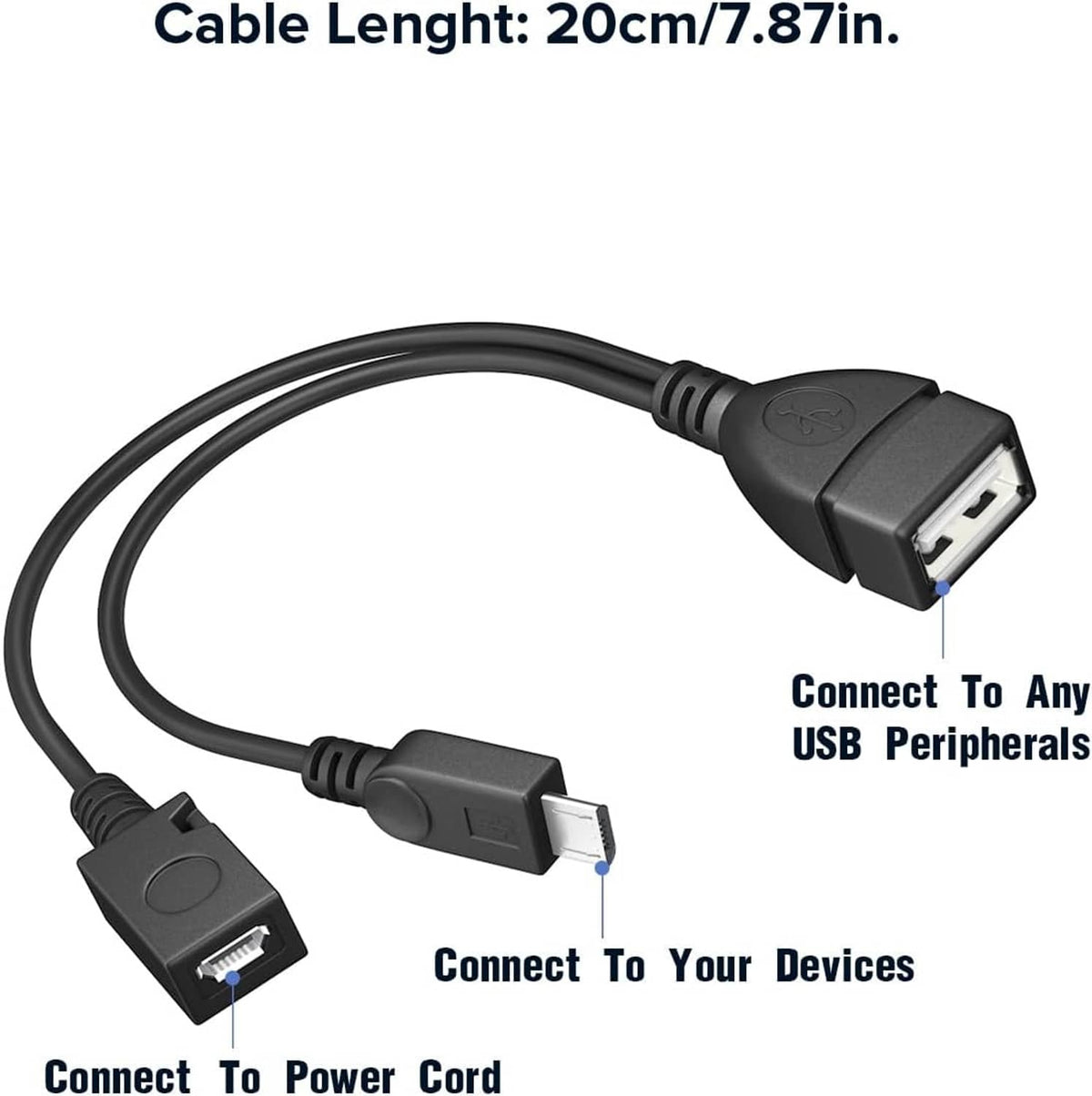 2-in-1 Micro USB OTG cable adapter close-up, micro USB to USB ports, black