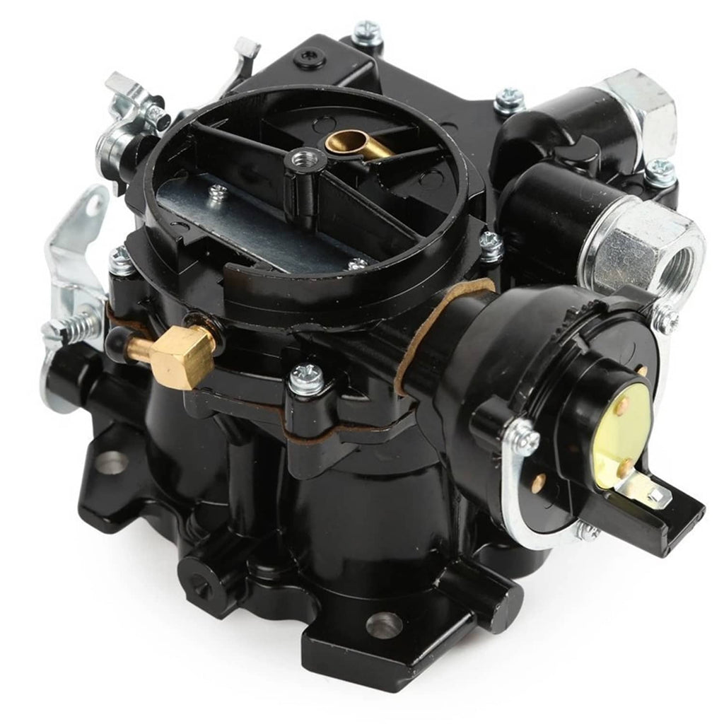 Marine carburetor with choke, front angled view with black air horn and metal ports