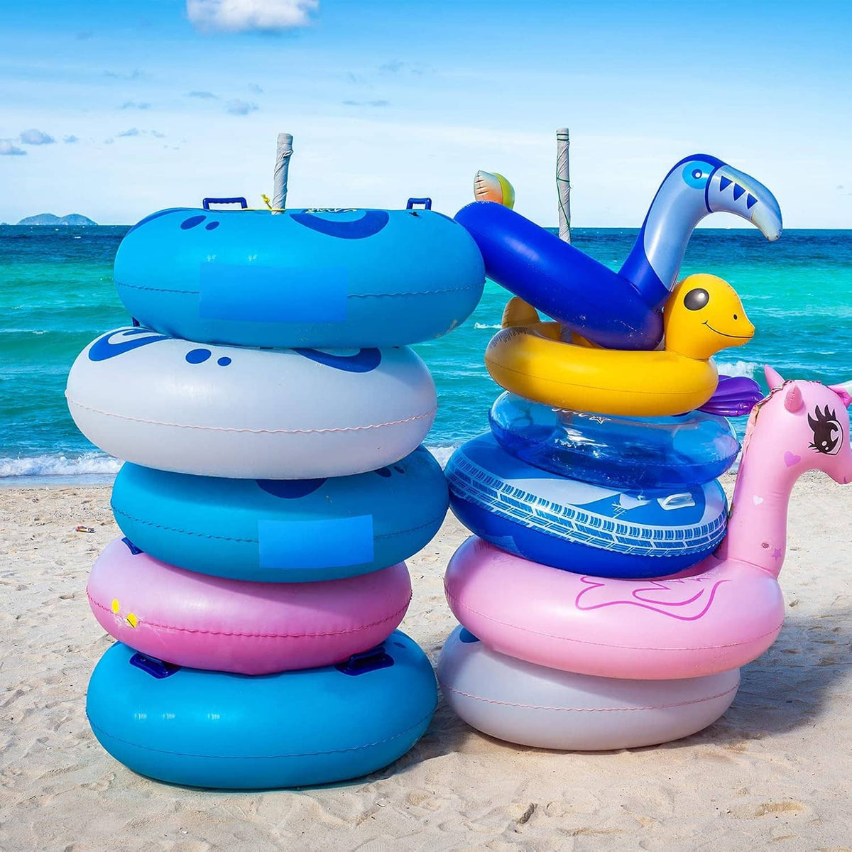Blue self-adhesive vinyl repair patch shown on inflatable pool-and-toy scenario collage