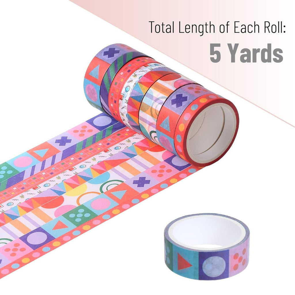 Washi tape roll unspooling with bold geometric icons; extra roll included