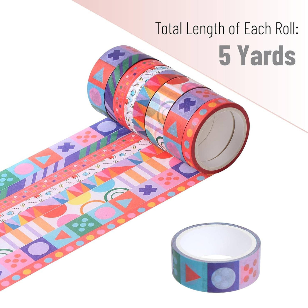 Washi tape roll unspooling with bold geometric icons; extra roll included