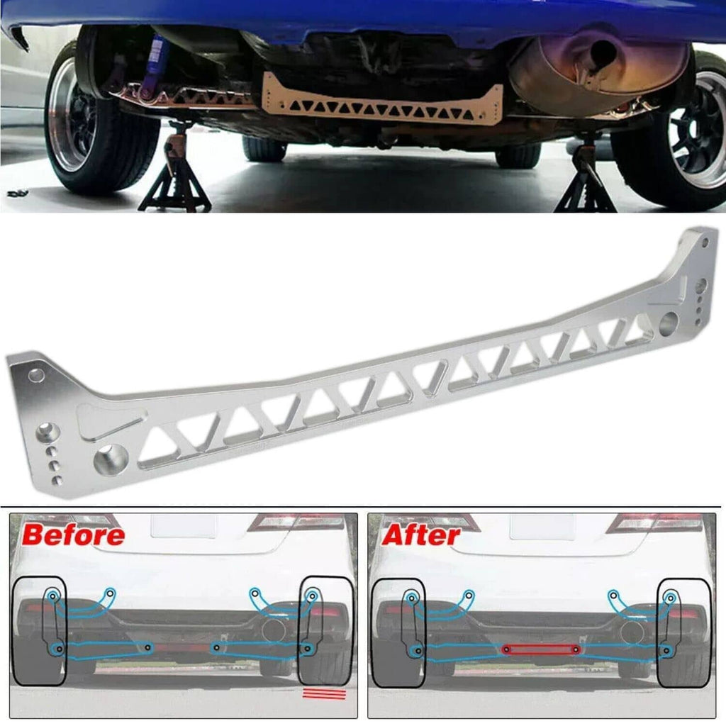 Rear lower control arm and subframe brace installed under vehicle
