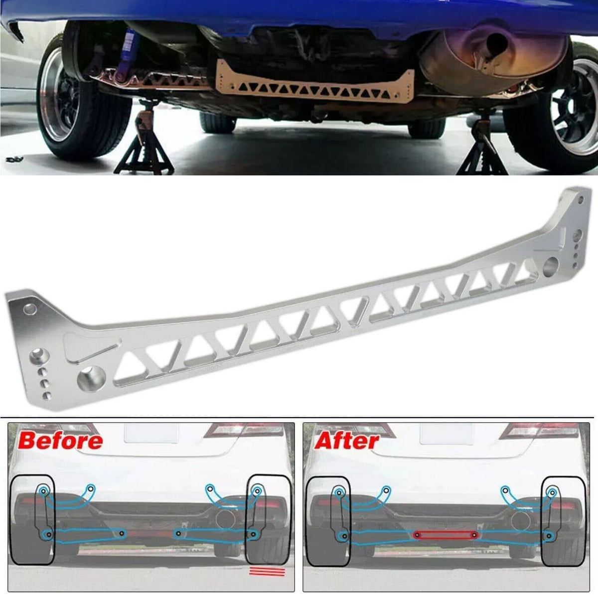 Rear lower control arm and subframe brace installed under vehicle