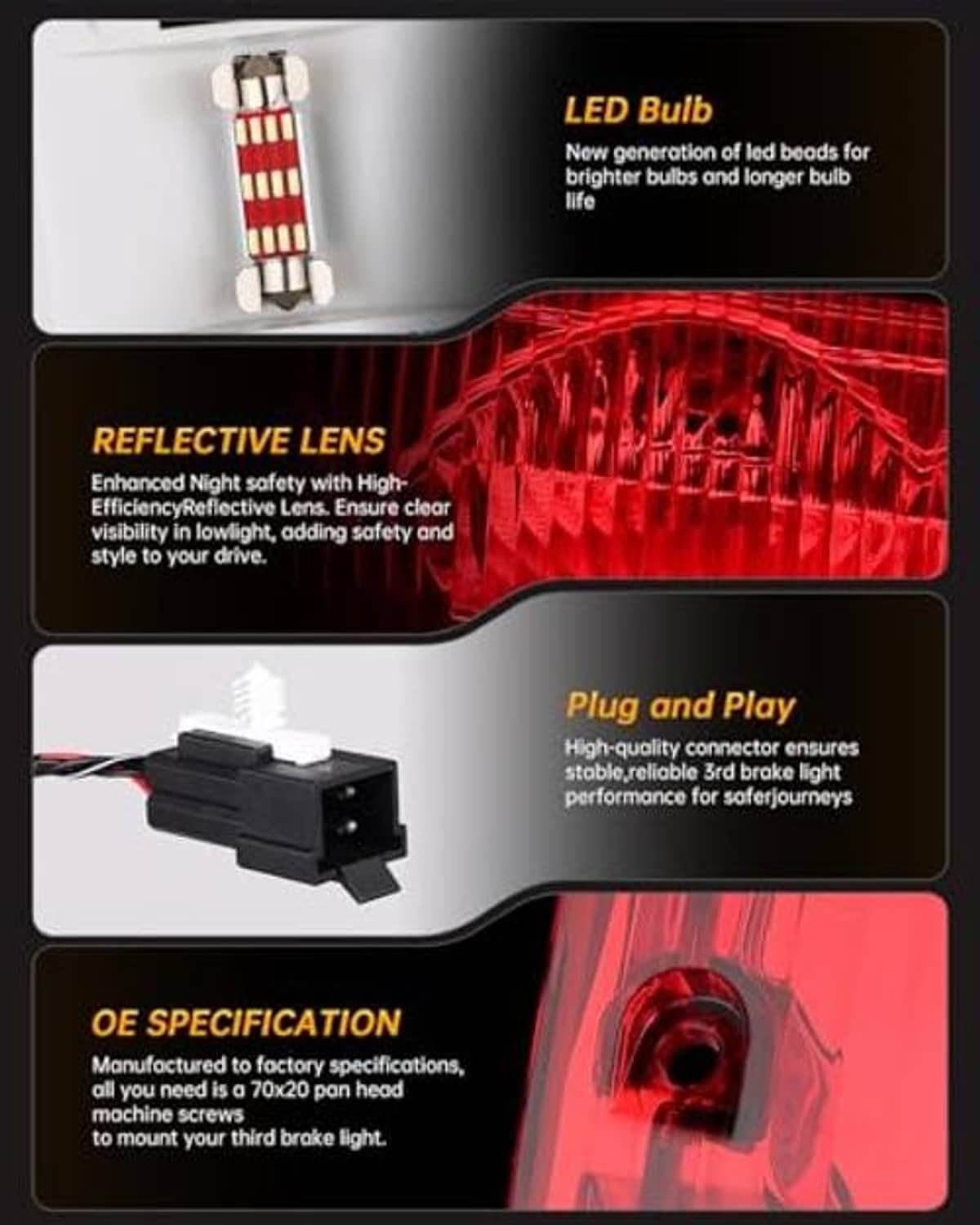 LED stop light with red lens, reflective grooves, and plug-in wiring connector