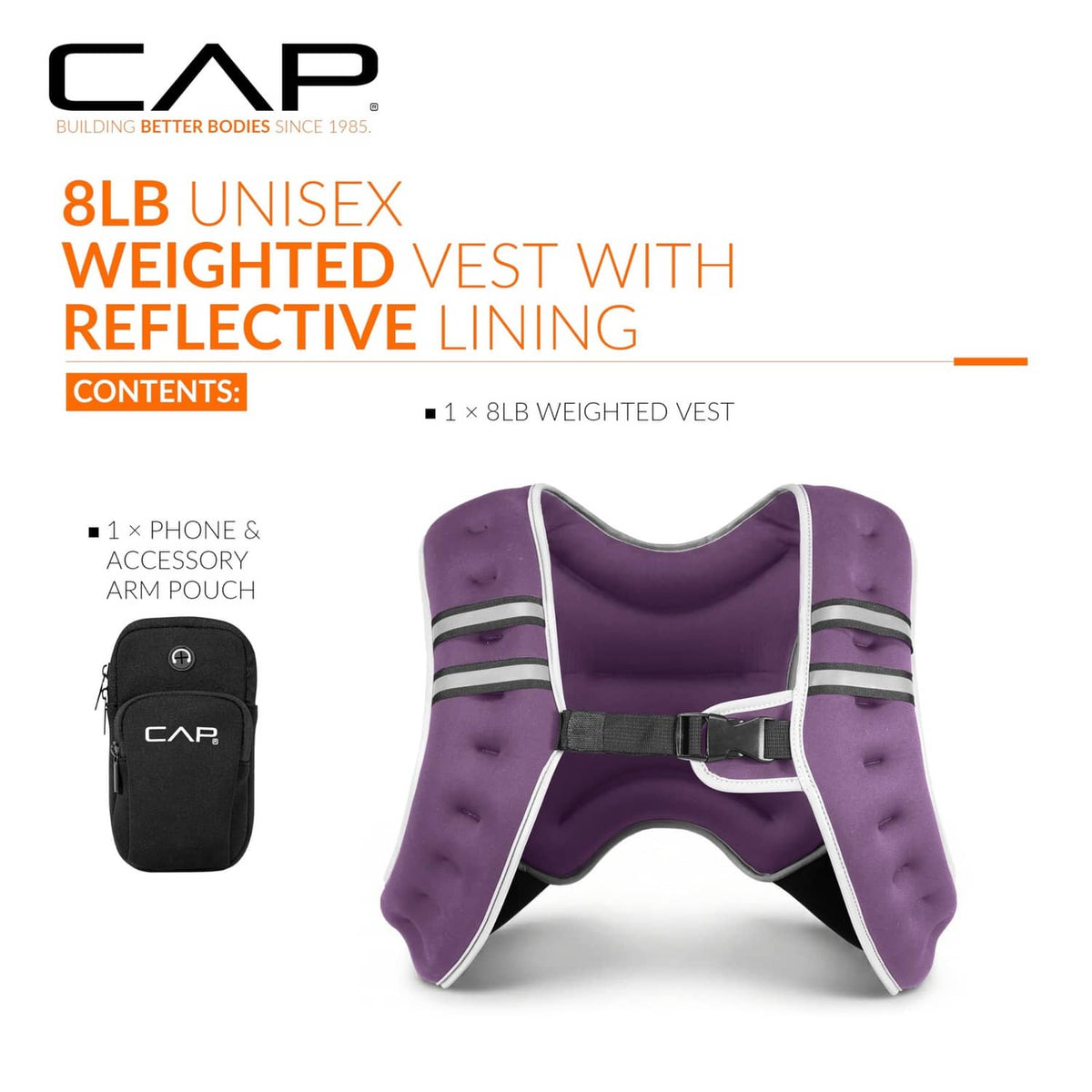 Purple unisex weighted vest with reflective lining and black phone & accessory arm pouch