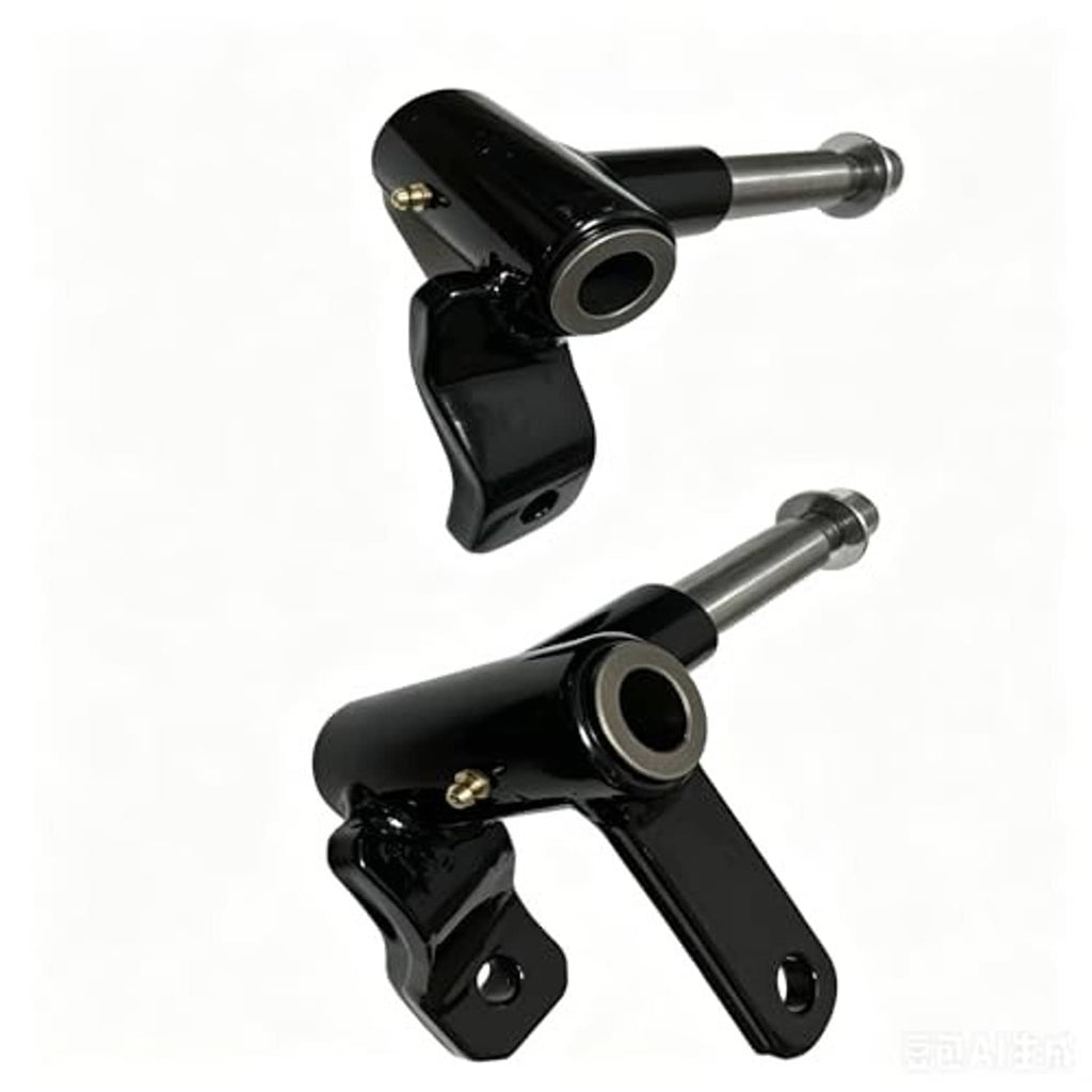 Golf cart front hand spindle set, close view of black spindles and silver mounting shafts