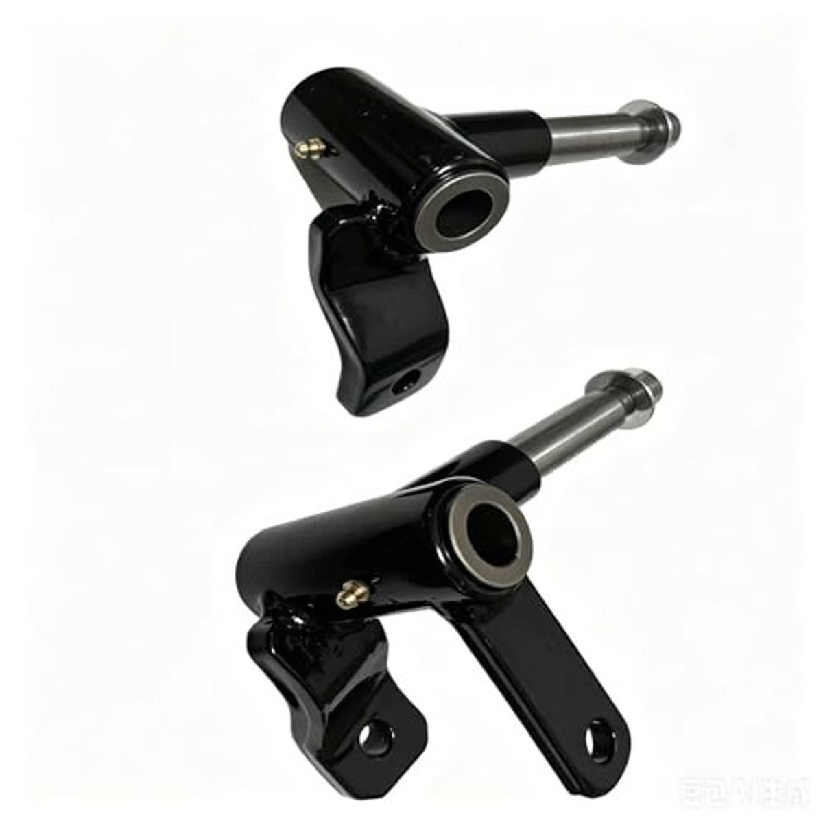 Golf cart front hand spindle set, close view of black spindles and silver mounting shafts