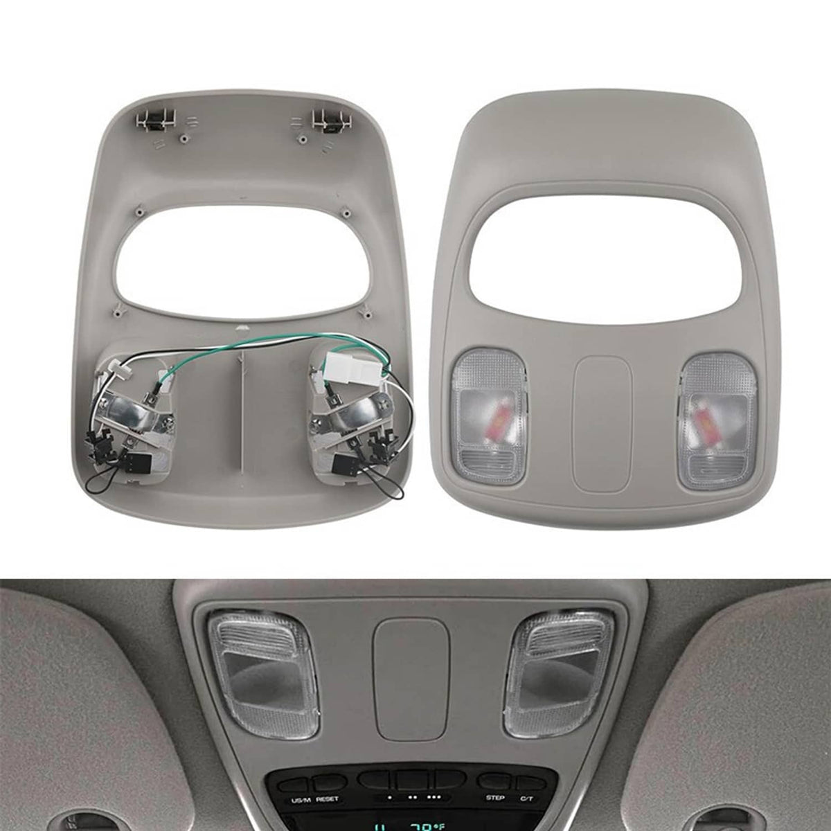Overhead roof console map light, light gray bezel with two clear lamp lenses