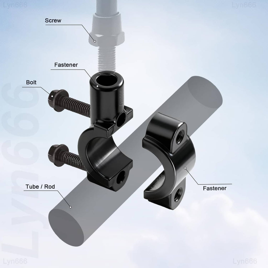 Black mirror mount clamp bracket with bolt and fastener components for handlebar