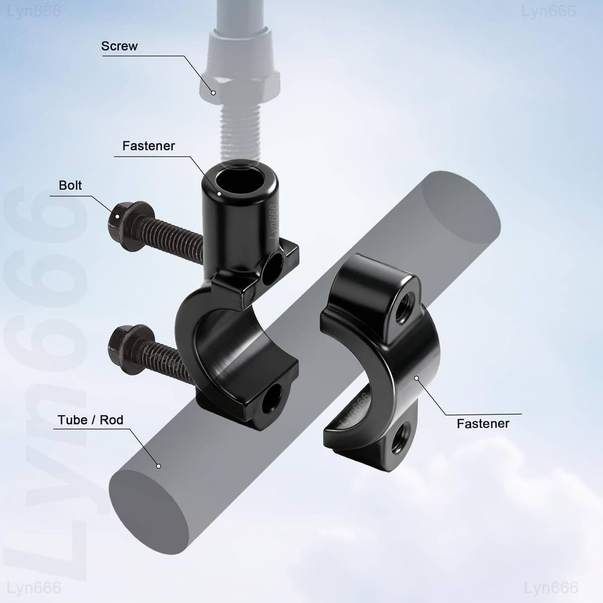 Black mirror mount clamp bracket with bolt and fastener components for handlebar