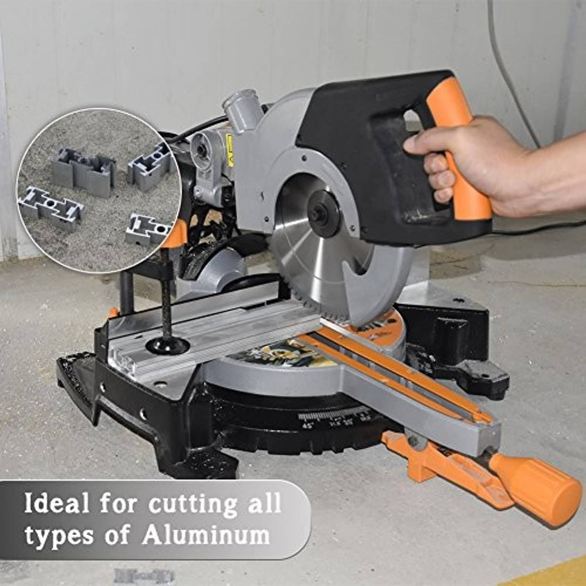 10-inch 80-tooth circular saw blade on miter saw with workpiece guide