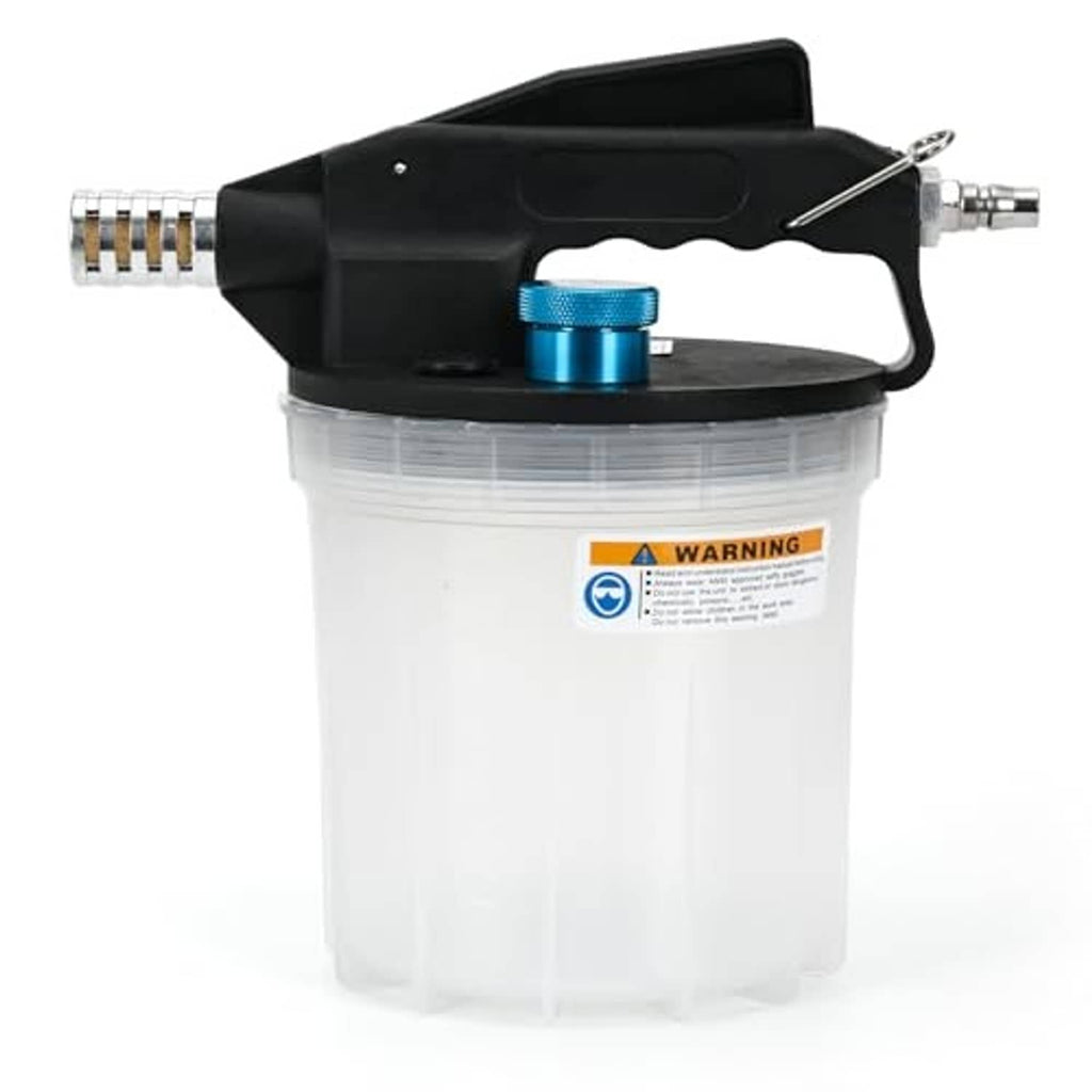 Brake bleeder vacuum pump with black handle and blue cap on clear fluid container