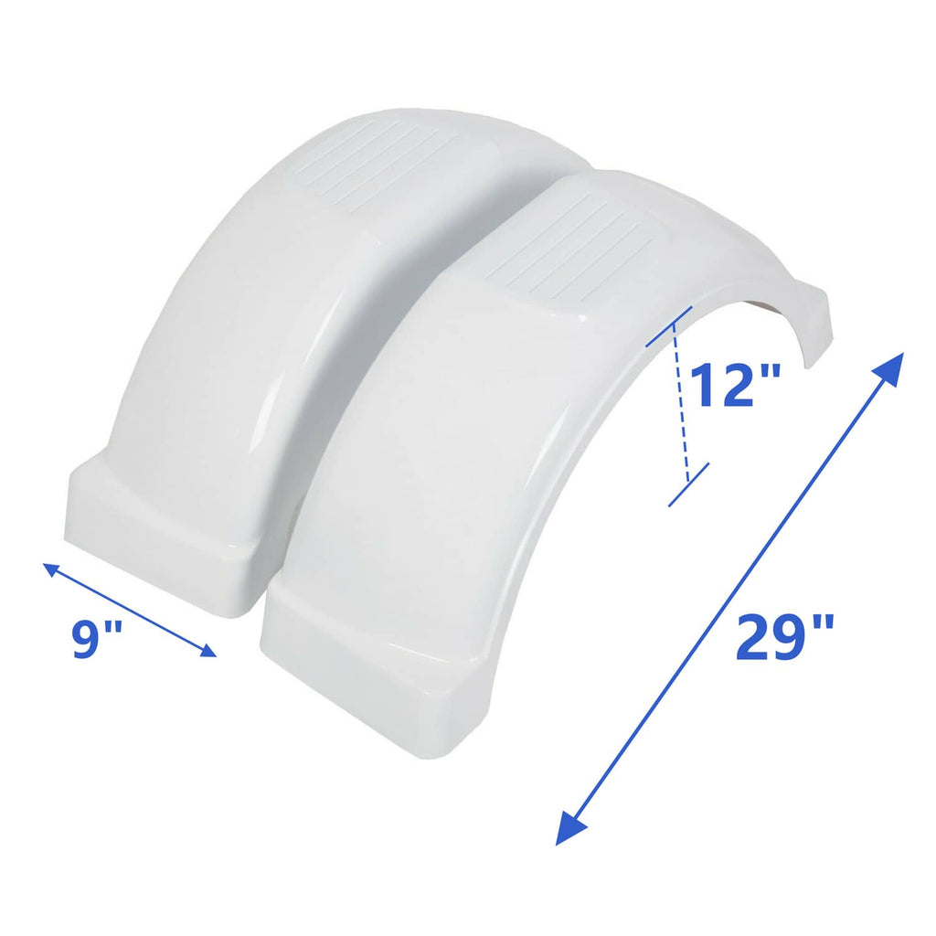 White single-axle trailer fender dimensions: 9" height, 12" width, 29" length