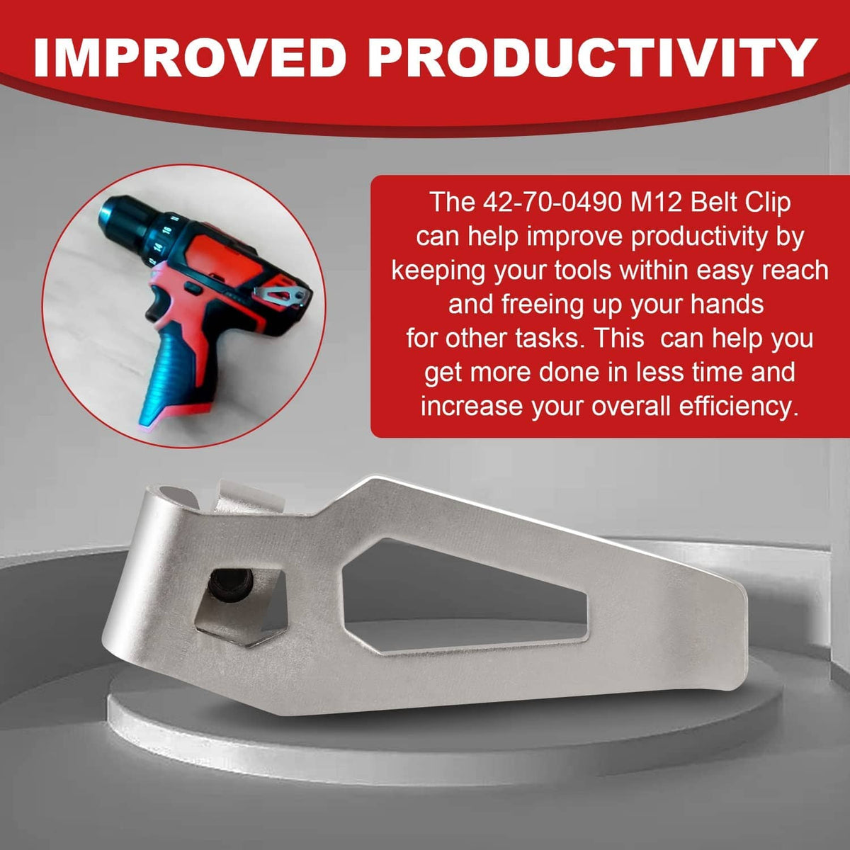 Grey metal belt clip accessory for mounting on an impact driver